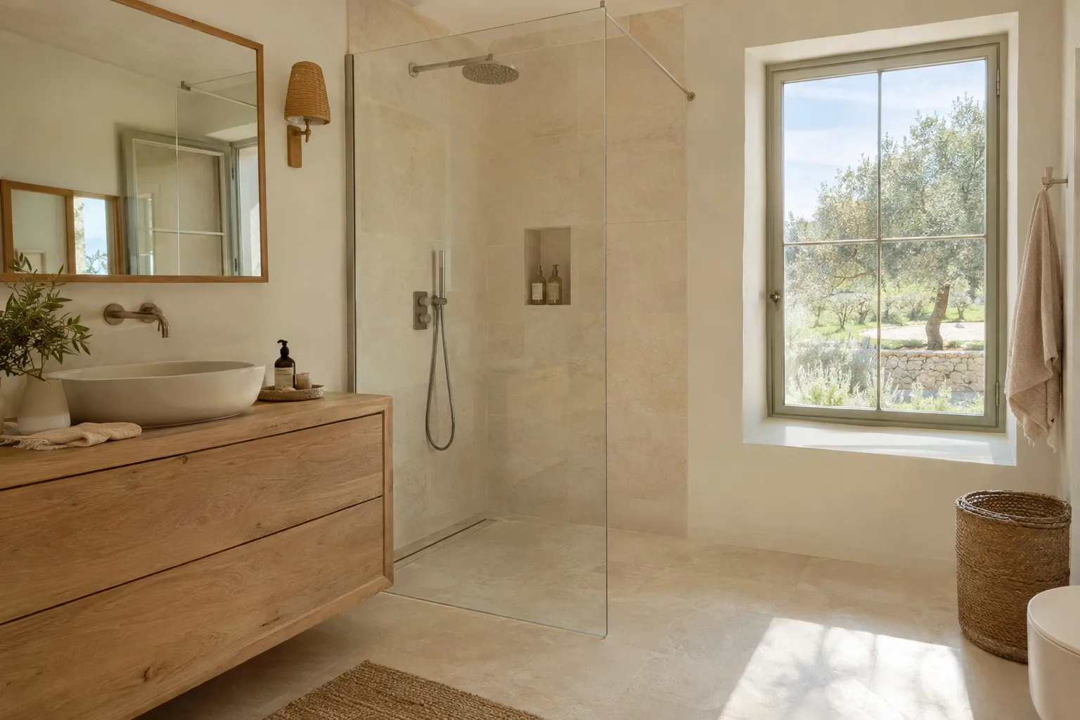 Salle de bain rénovée dans une bastide aixoise : douche de plain-pied, carrelage clair et meuble vasque en bois, lumière naturelle de Provence.