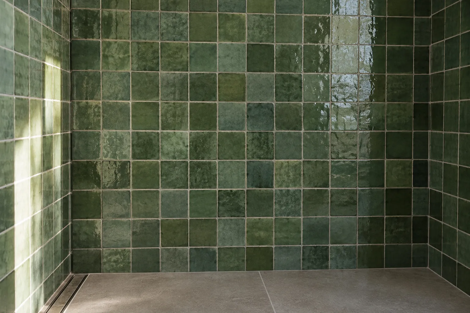 Zellige vert posé sur les murs d’une douche, avec un sol de douche en grand format et un caniveau