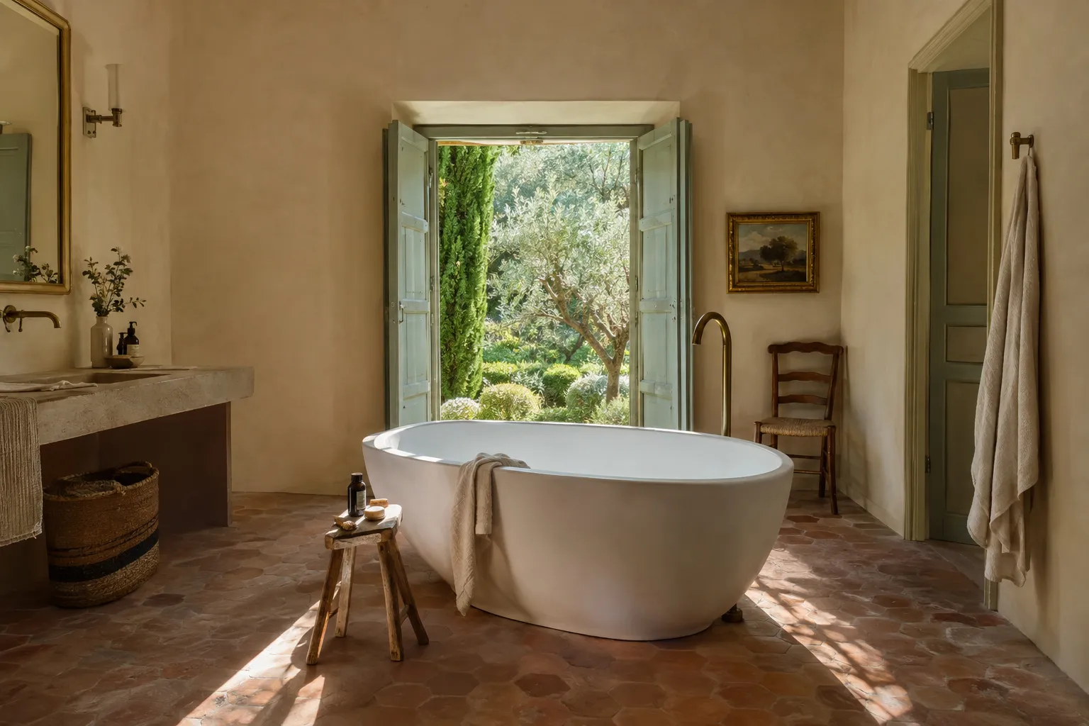 Salle de bain de bastide terminée : baignoire îlot, tomettes, plan vasque en pierre et fenêtre ouverte sur le jardin