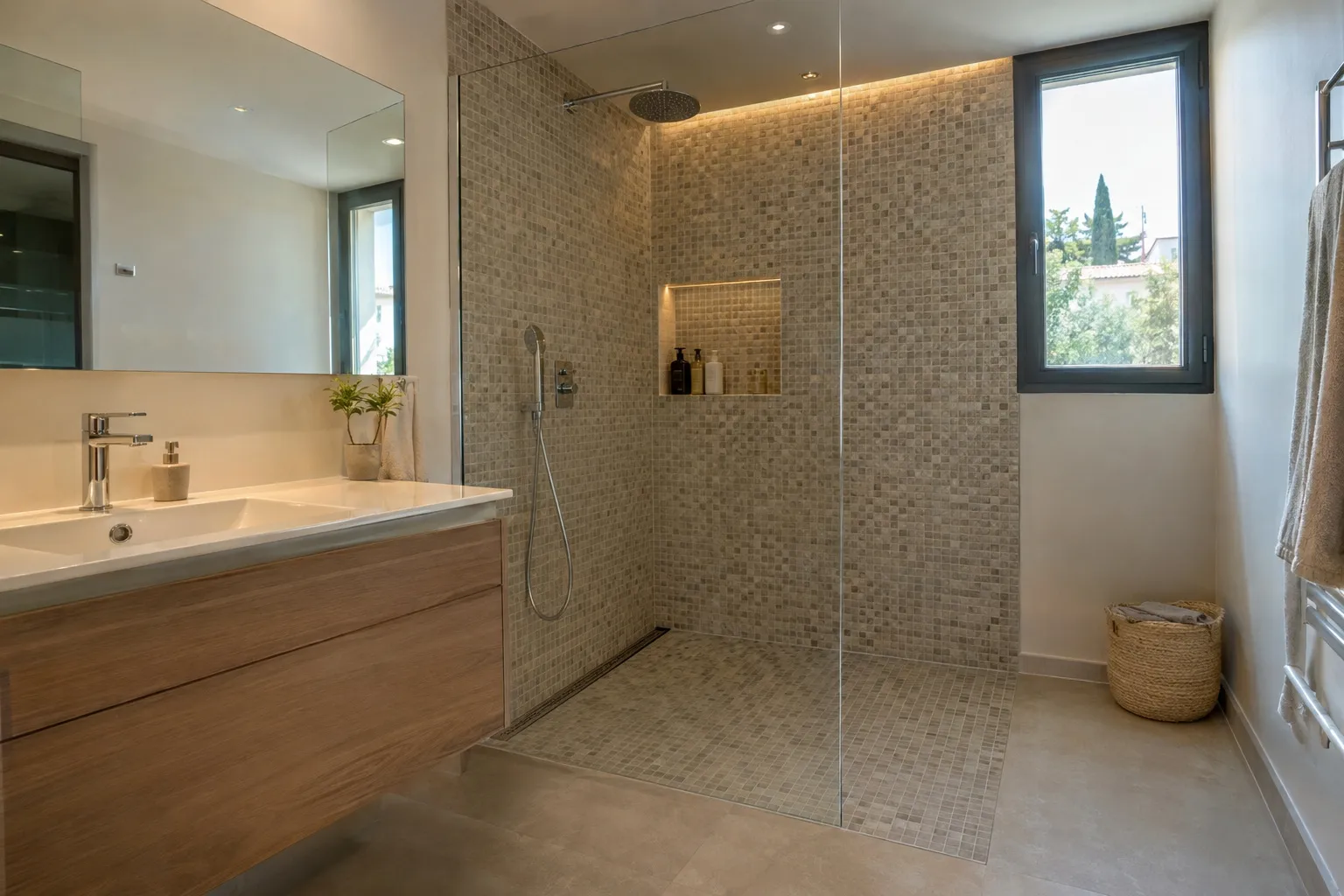 Douche de plain-pied terminée avec caniveau, carrelage grand format et paroi vitrée