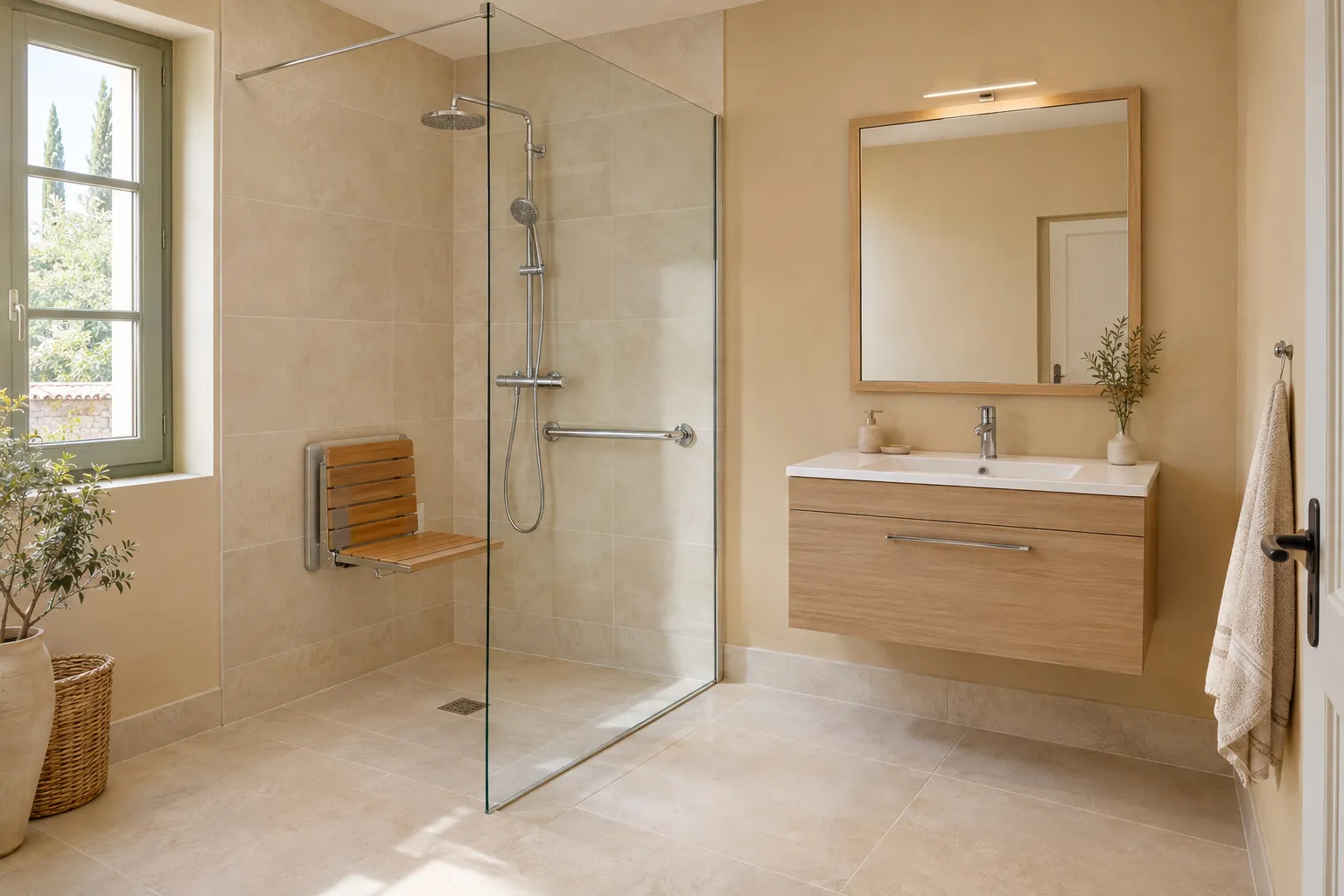 Salle de bain adaptée aux seniors terminée, douche de plain-pied, siège rabattable et barres d’appui