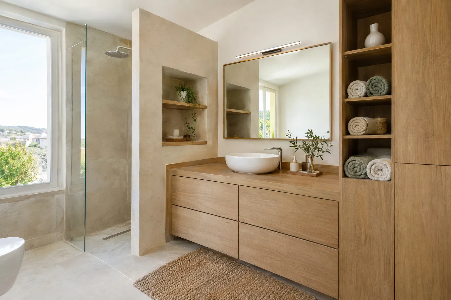 Meuble double vasque en bois clair sur mesure, miroir rétroéclairé et colonne de rangement dans une salle de bain.