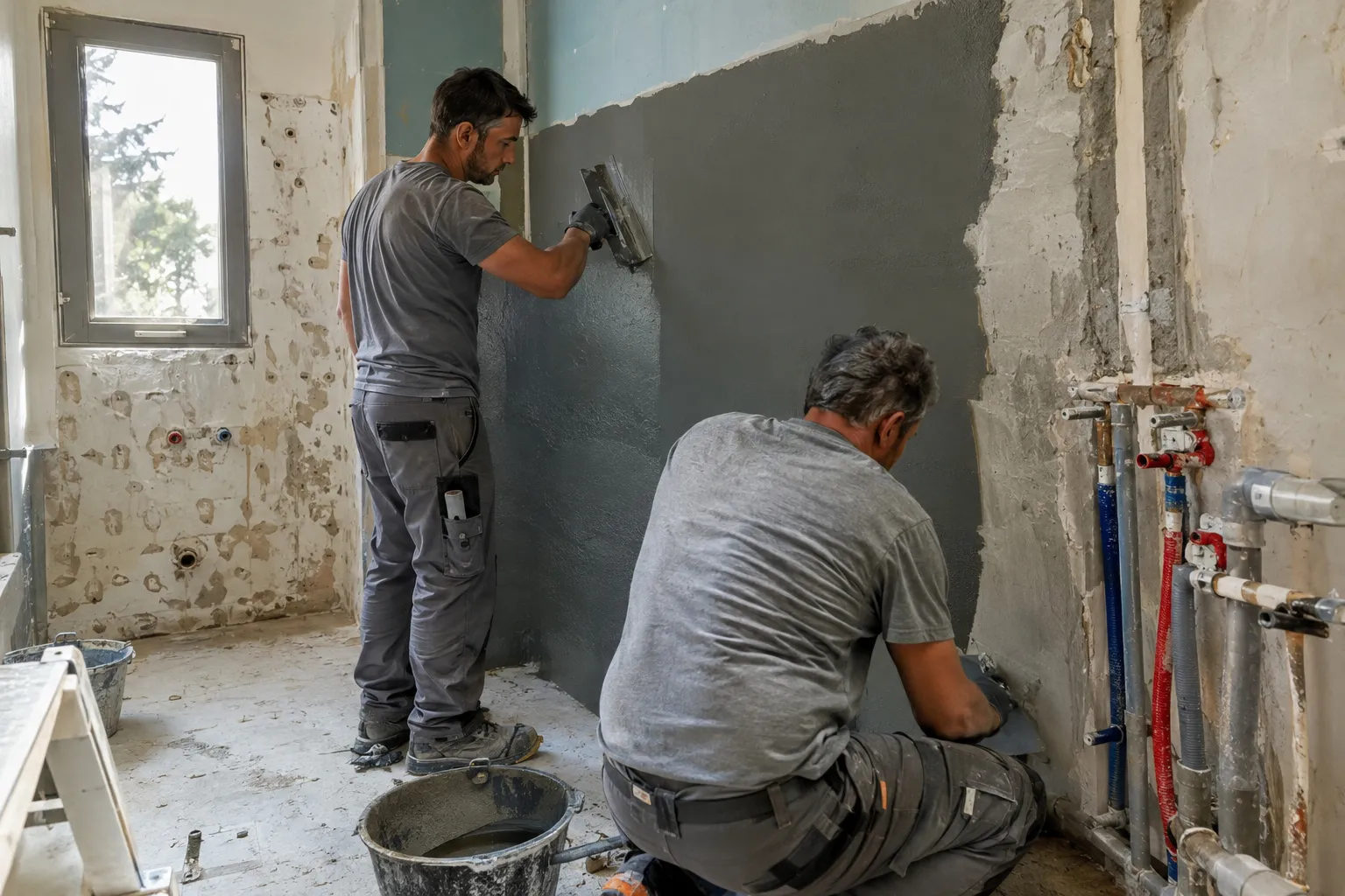 Chantier de rénovation complète d’une salle de bain : ancienne pièce déposée, murs repris et réseaux apparents avant la pose du nouveau décor.
