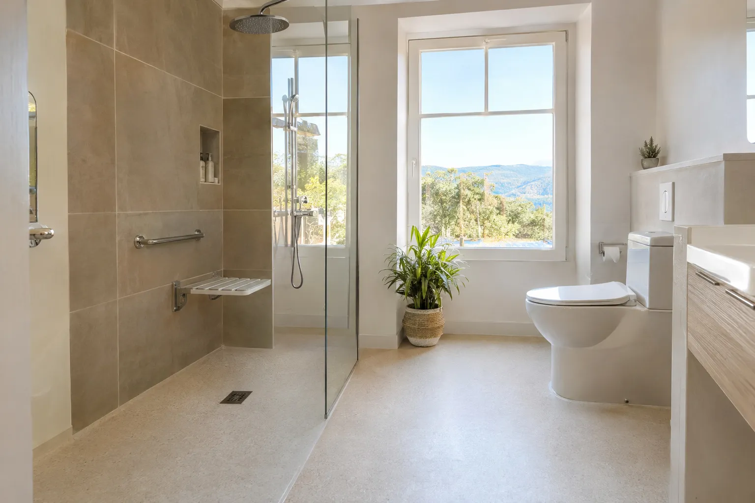 Salle de bain adaptée pour un senior : douche de plain-pied, siège rabattable, barre d’appui et sol antidérapant clair.